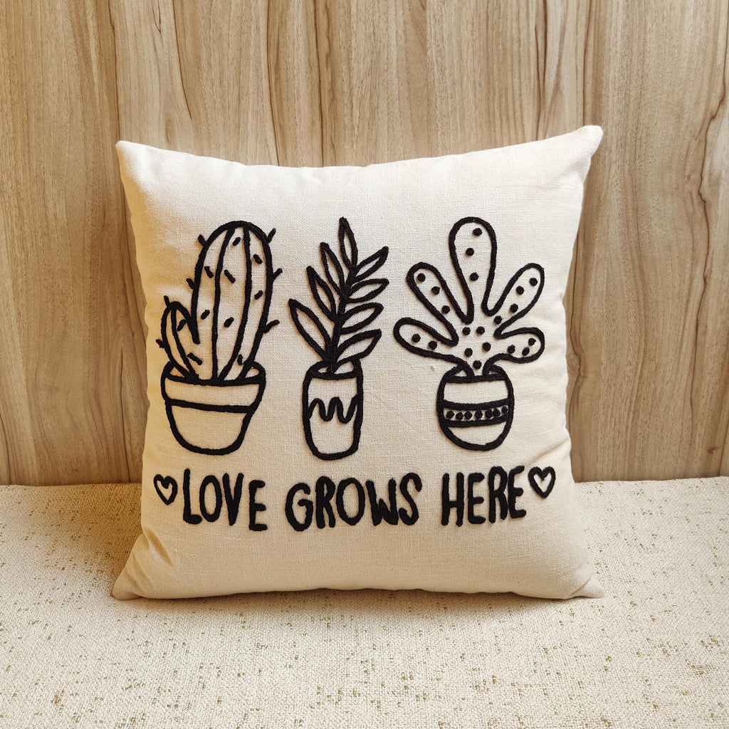 Love Grows Here Black Pillow Cover